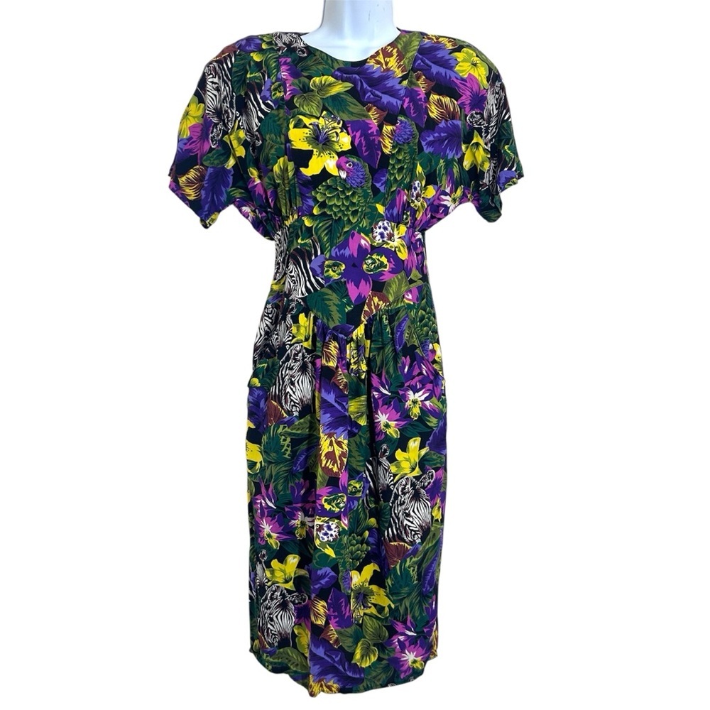 Carol Anderson Vintage 80/90s Basque Waist Tropical Dress Sz 5/6 S
